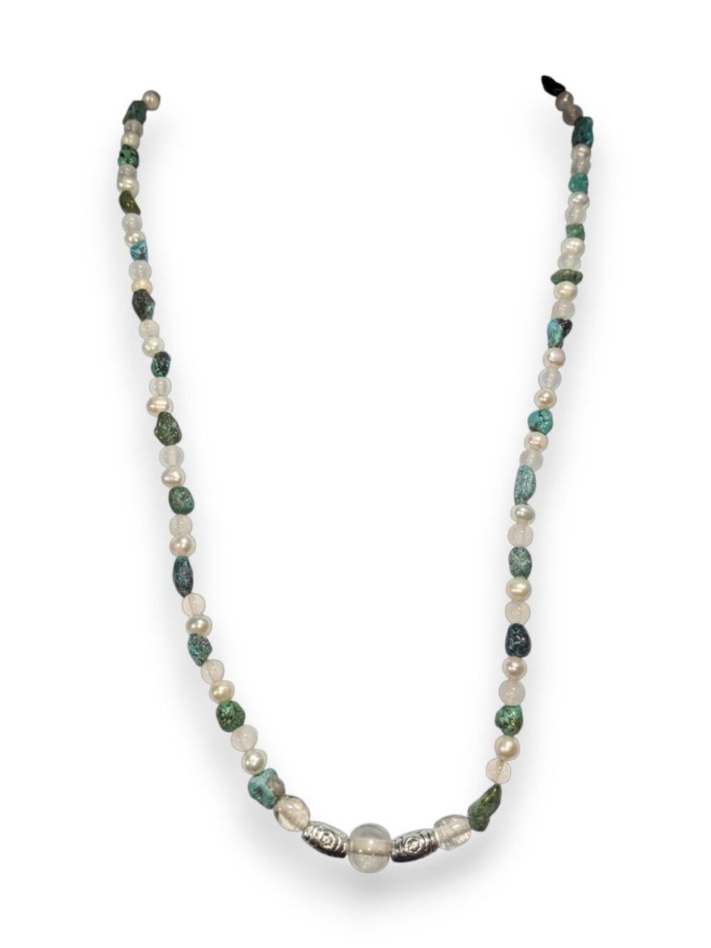 Boho Natural Raw Turquoise Pearl Glass White Green Beaded Necklace 21 Inch